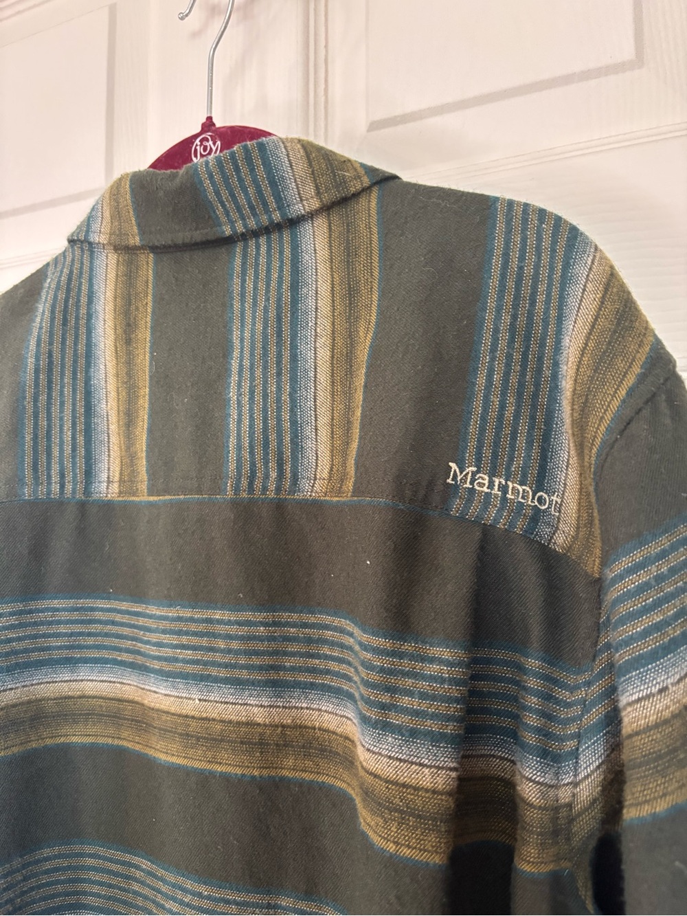 Marmot Men's Olive Green Sweater Cardigan with Blue & Tan Stripes